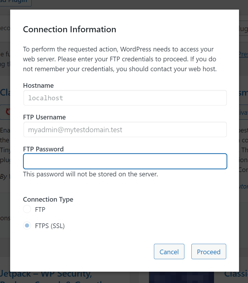 WordPress FTP dialog
