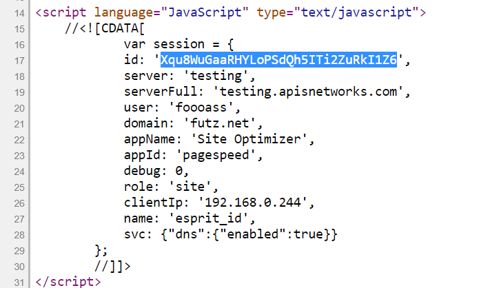 Session ID embedded in page source